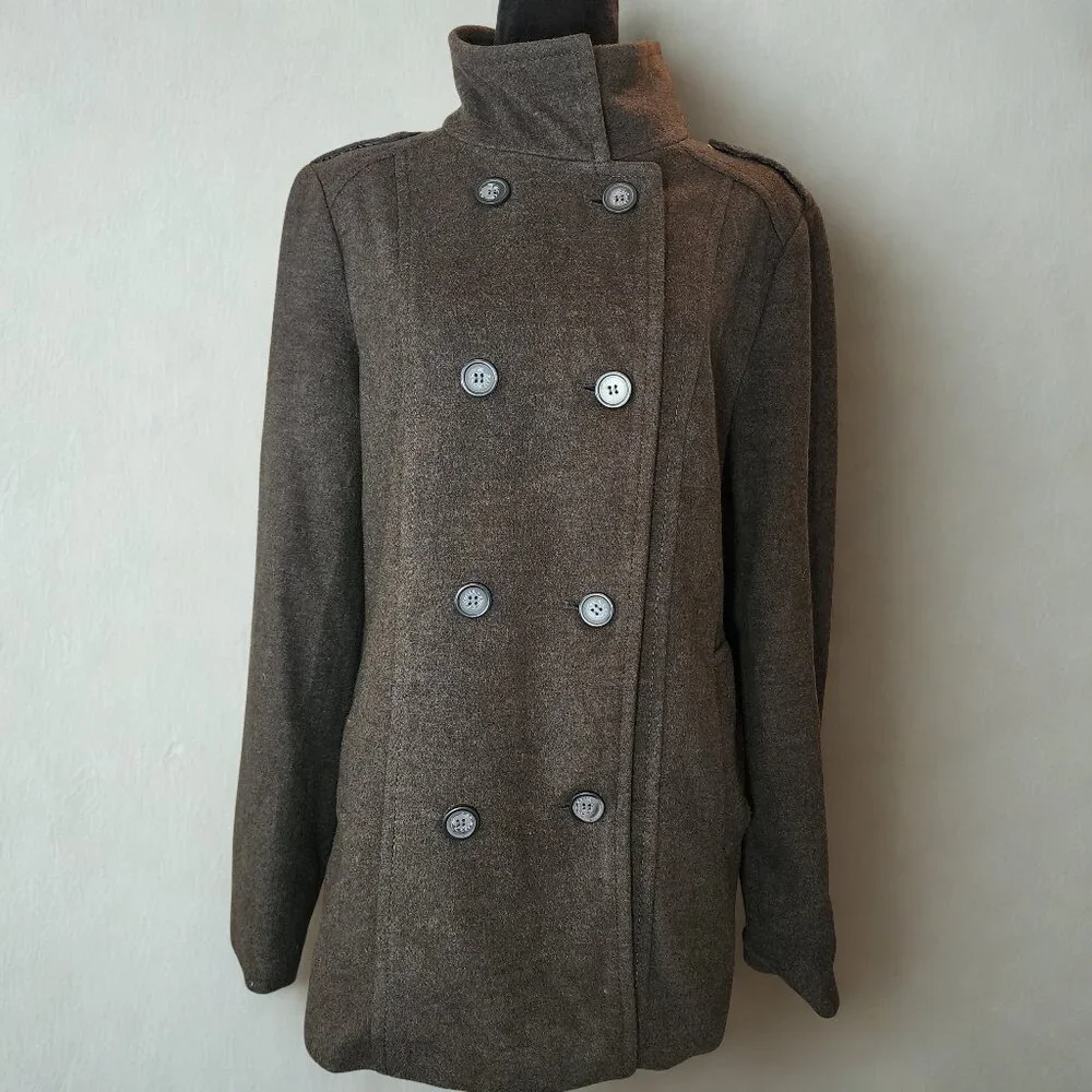 BONGO Brown Women Large Pea Coat Jacket Lined Pockets Y2K 90S Warm